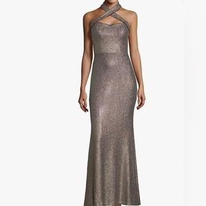 Xscape Women's Allover Sequin Crisscross Halter Gown